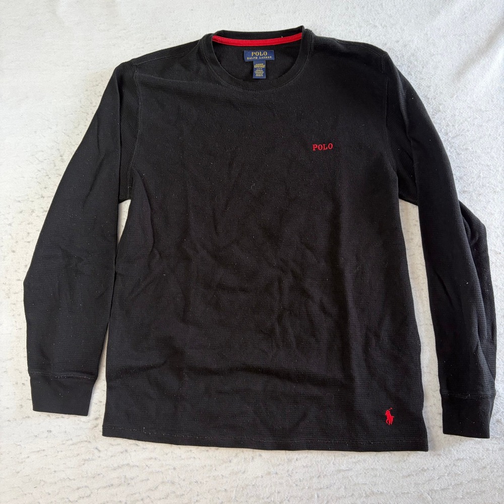 Polo Ralph Lauren Waffle Knit Sleepwear Top Large Black Long Sleeve Red Logo